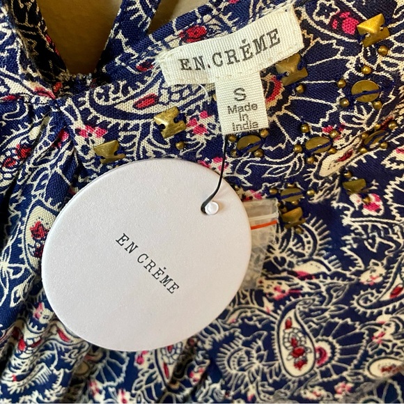 NWT En Créme Boho Peasant Dress | Navy Paisley Design + Beaded V-Neck (S) - Picture 14 of 14